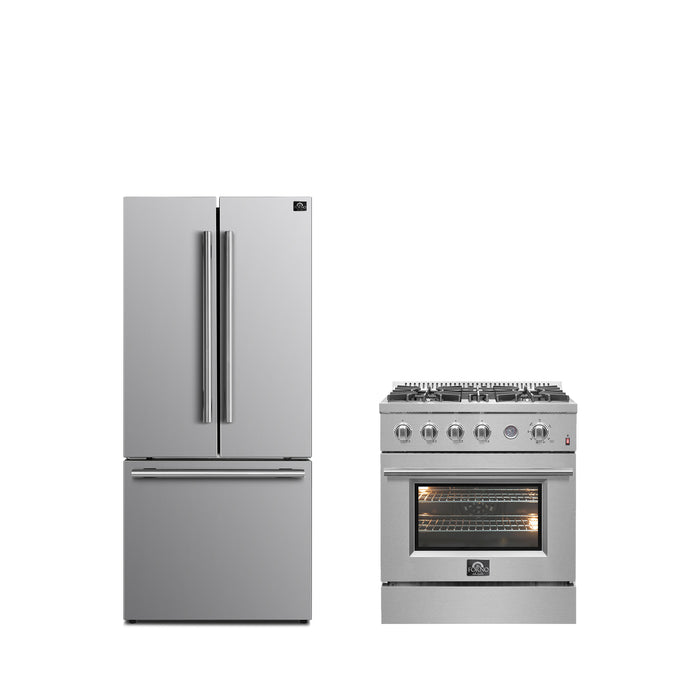 FORNO Premium 2-Piece Kitchen Bundle - Marco 30-inch Gas Range Stainless Steel, Forno Gallipoli 30" French Door Refrigerator with Bottom Freezer 17.5 cu. ft Capacity