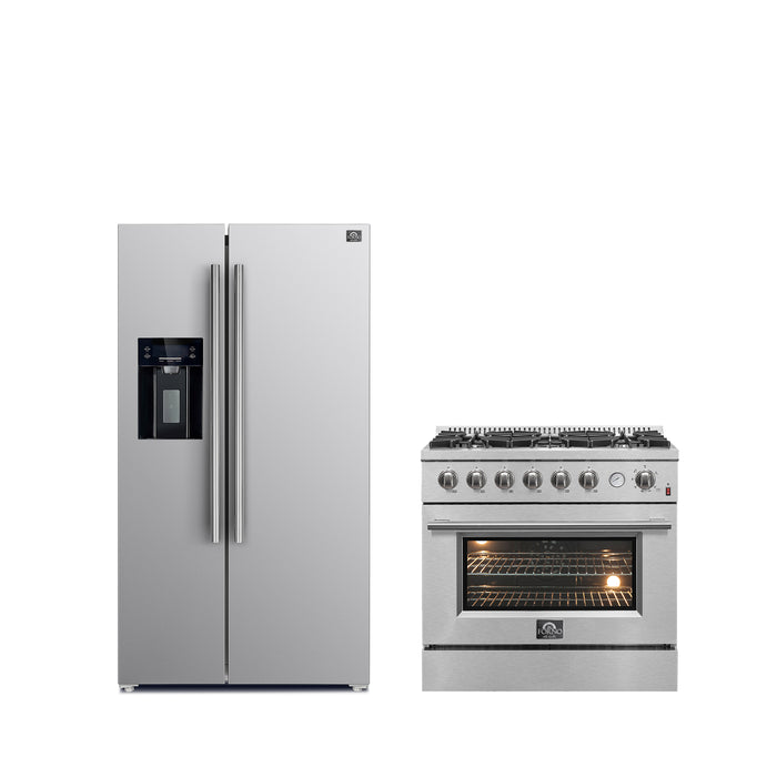 FORNO Premium 2-Piece Kitchen Bundle -Marco 30-inch Gas Range Stainless Steel, Forno Salerno 36" Side by Side Stainless Steel Refrigerator 20 cu.ft