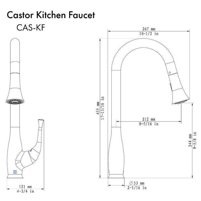 ZLINE Castor Pull Down Single Handle Kitchen Faucet in Brushed Nickel (CAS-KF-BN)