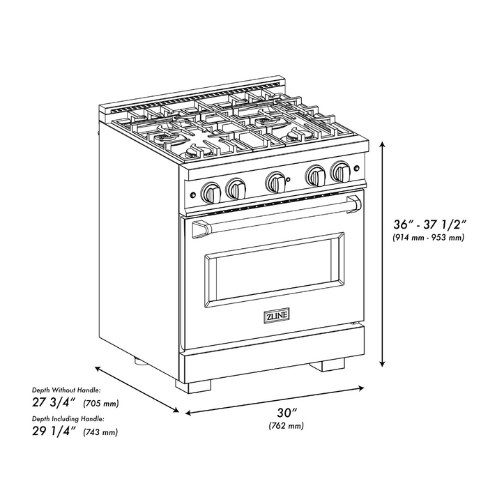 ZLINE 30" 4.2 cu. ft. Classic Gas Range with 4 Burners in Black Stainless Steel, CGRB-30