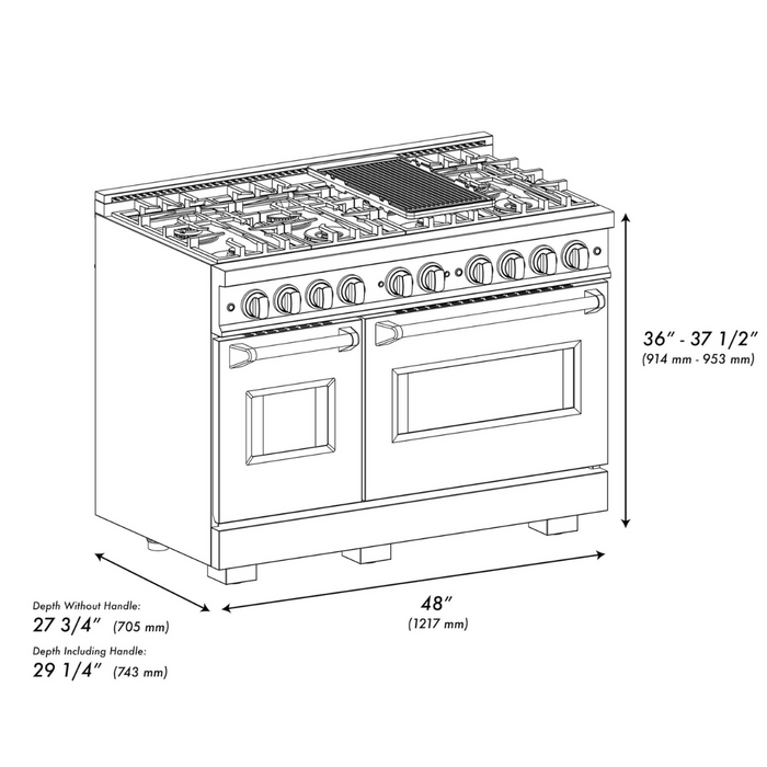 ZLINE Autograph Edition 48" 6.7 cu. ft. Classic Double Oven Gas Range with 8 Burners in DuraSnow® Stainless Steel and Champagne Bronze Accents, CGRSZ-48-CB