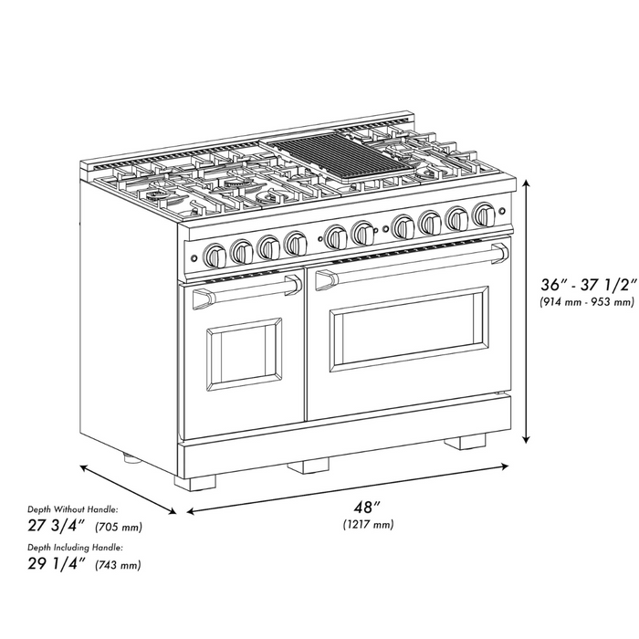 ZLINE Autograph Edition 48" 6.7 cu. ft. Classic Double Oven Gas Range with 8 Burners in DuraSnow® Stainless Steel and Polished Gold Accents, CGRSZ-48-G