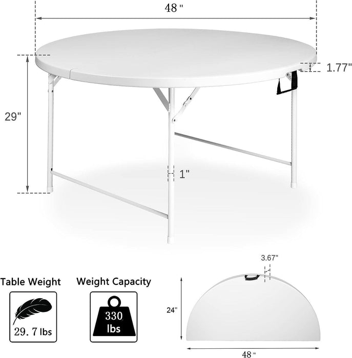 48" Portable Folding Round Table for 4-6 Plastic Dining Table with Carry Handle, White