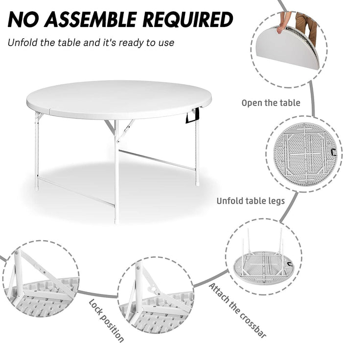 48" Portable Folding Round Table for 4-6 Plastic Dining Table with Carry Handle, White