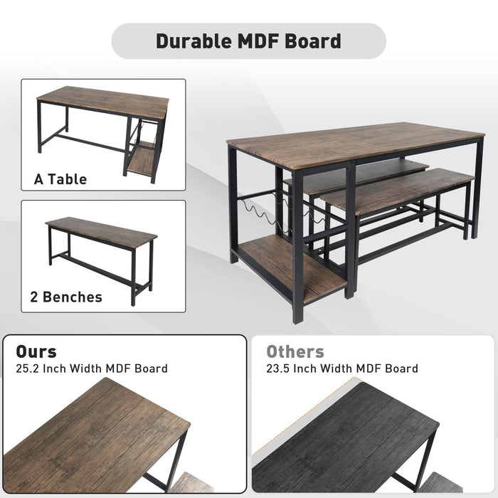 3 Piece Dining Table Set for 4, 55" Rustic Kitchen Table with 2 Benches, Pub Dining Table with Wine Rack, Glass Holder