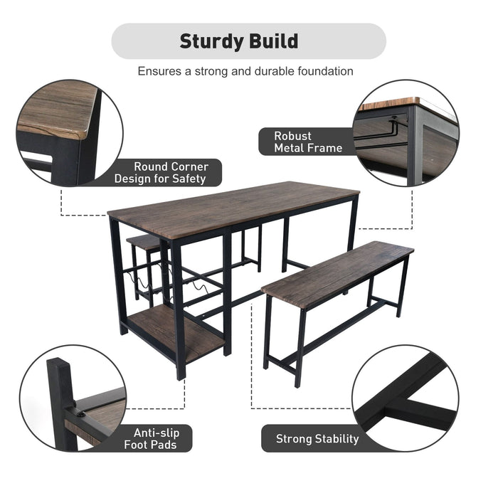 3 Piece Dining Table Set for 4, 55" Rustic Kitchen Table with 2 Benches, Pub Dining Table with Wine Rack, Glass Holder