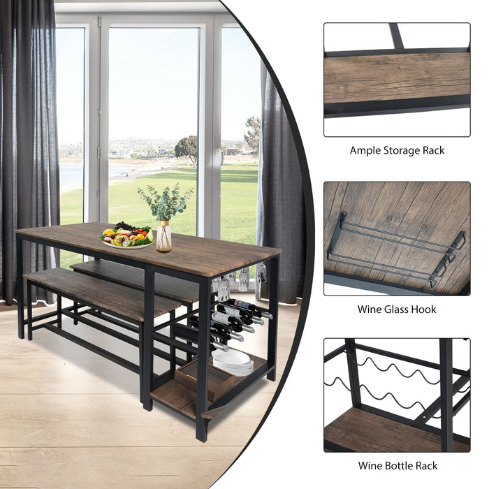 3 Piece Dining Table Set for 4, 55" Rustic Kitchen Table with 2 Benches, Pub Dining Table with Wine Rack, Glass Holder