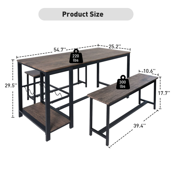 3 Piece Dining Table Set for 4, 55" Rustic Kitchen Table with 2 Benches, Pub Dining Table with Wine Rack, Glass Holder