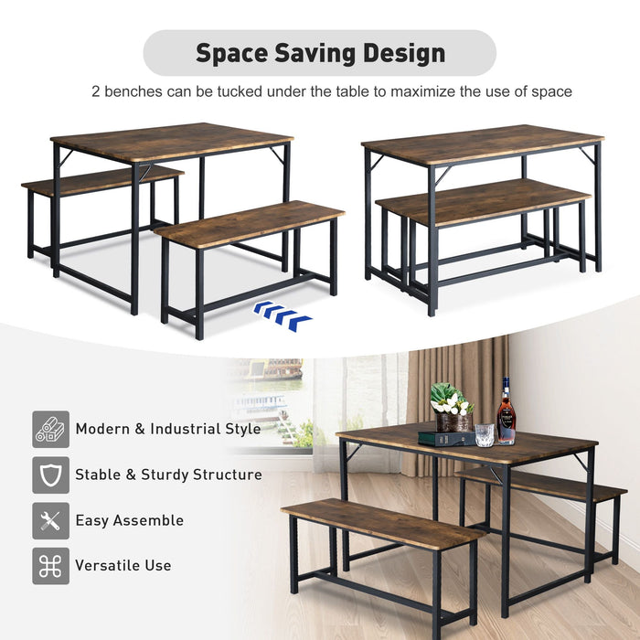 3 Piece Dining Table Set for 4, 43" Rustic Kitchen Table with 2 Benches, Space-Saving Dinette for Small Space