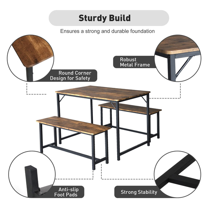 3 Piece Dining Table Set for 4, 43" Rustic Kitchen Table with 2 Benches, Space-Saving Dinette for Small Space