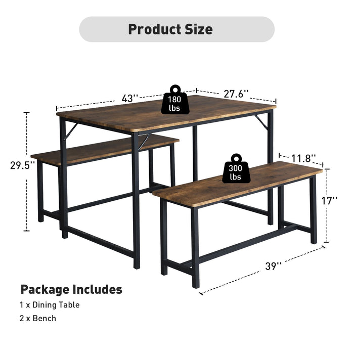 3 Piece Dining Table Set for 4, 43" Rustic Kitchen Table with 2 Benches, Space-Saving Dinette for Small Space