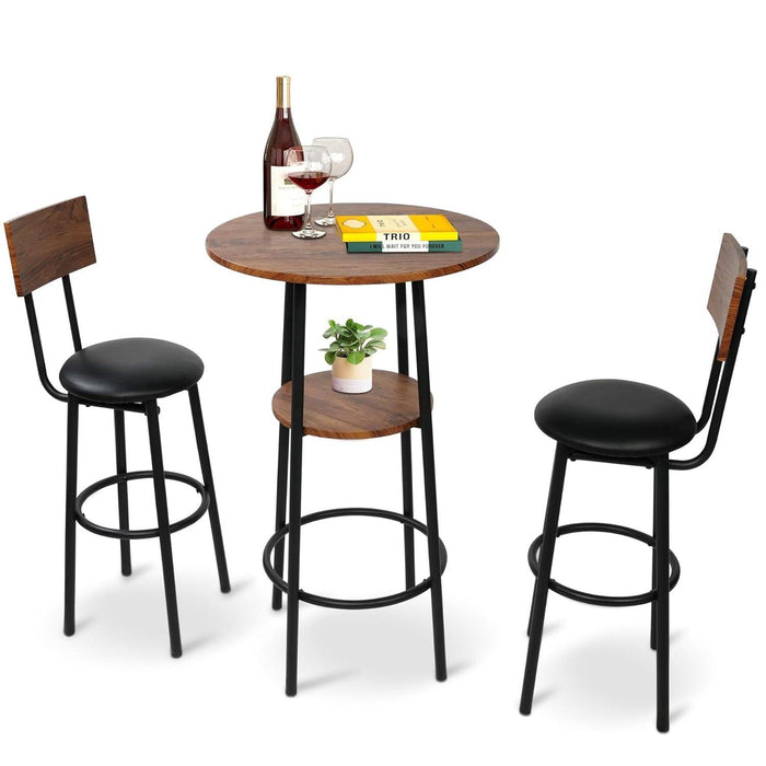 Round Bar Table Set, 2-Tier Table 23.6" for 2 with 2 Upholstered Bar Stools with Backrest