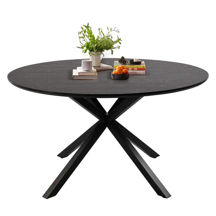 53" Round Mid-Century Modern Wooden Kitchen Dining Table for 4-6 with Solid Metal Leg, Black Wood Grain