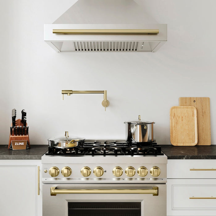 ZLINE Autograph Edition 36 in. Kitchen Package with Stainless Steel Dual Fuel Range and Range Hood with Champagne Bronze Accents (2AKP-RARH36-CB)