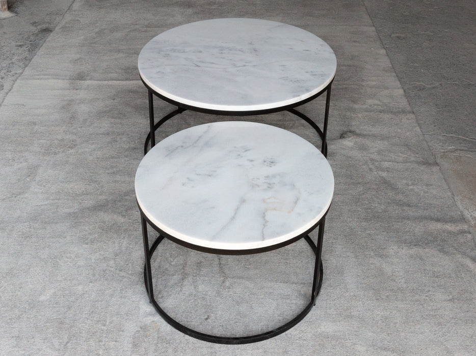 Carrara White Marble Nesting Coffee Table Round Set of 2 Polished