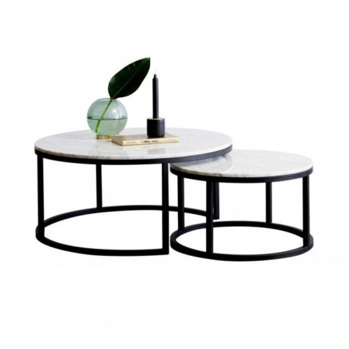 Carrara White Marble Nesting Coffee Table Round Set of 2 Polished