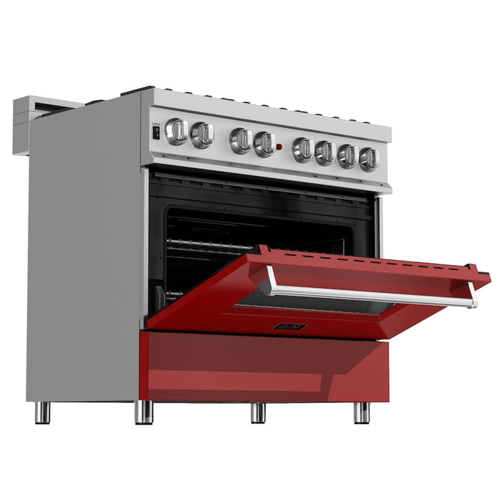 ZLINE 36 in. Kitchen Package with Fingerprint Resistant Stainless Steel Dual Fuel Range with Red Matte Door and Convertible Vent Range Hood (2KP-RASRMRH36)