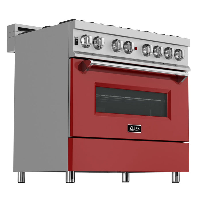 ZLINE 36 in. Kitchen Package with Fingerprint Resistant Stainless Steel Dual Fuel Range with Red Matte Door and Convertible Vent Range Hood (2KP-RASRMRH36)