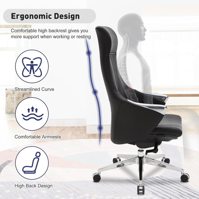 Executive Ergonomic Leather Office Chairs with Tilt and Height Adjustable, Black With Headrest