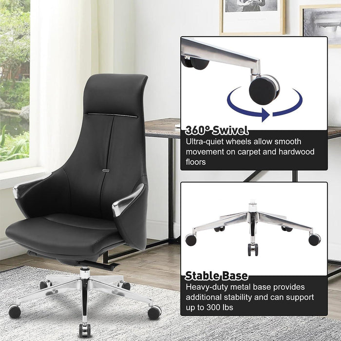 Executive Ergonomic Leather Office Chairs with Tilt and Height Adjustable, Black With Headrest