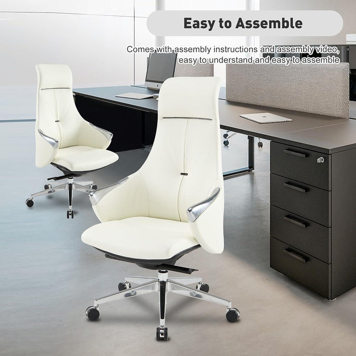 Executive Ergonomic Leather Office Chairs with Tilt and Height Adjustable, White With Headrest