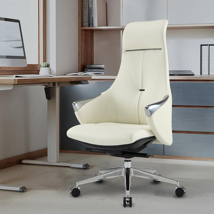 Executive Ergonomic Leather Office Chairs with Tilt and Height Adjustable, White With Headrest