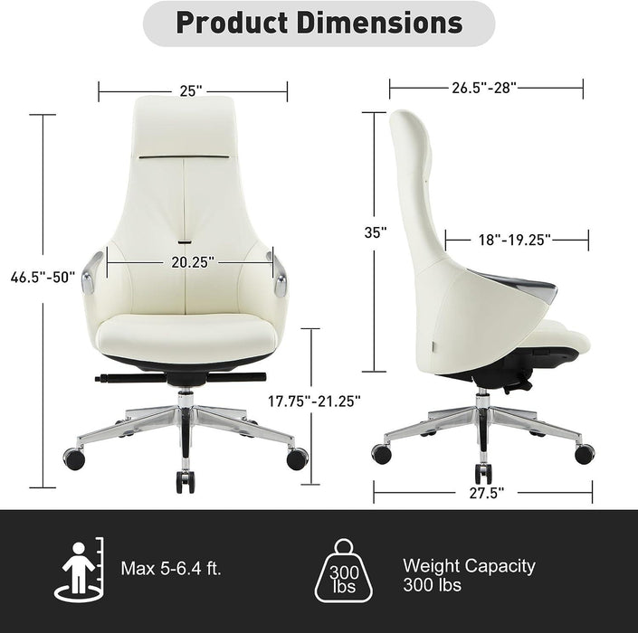 Executive Ergonomic Leather Office Chairs with Tilt and Height Adjustable, White With Headrest