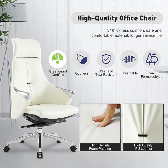 Executive Ergonomic Leather Office Chairs with Tilt and Height Adjustable, White With Headrest