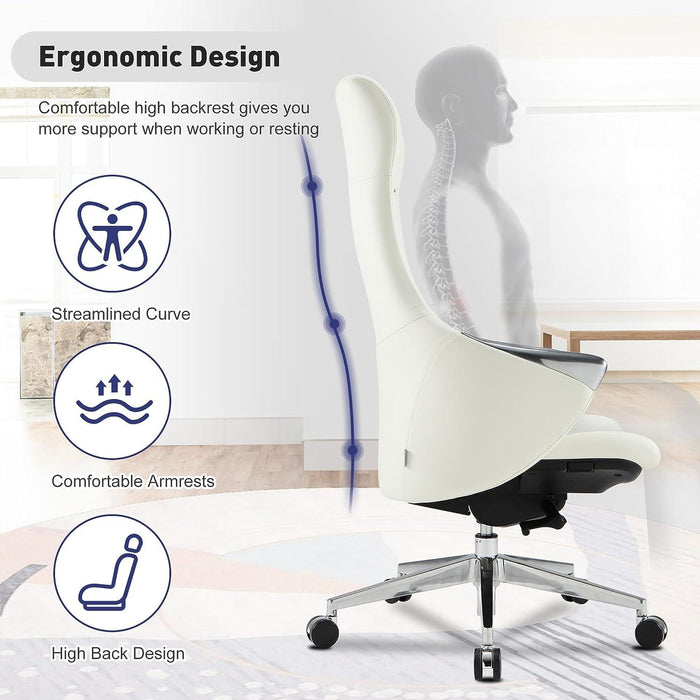 Executive Ergonomic Leather Office Chairs with Tilt and Height Adjustable, White With Headrest