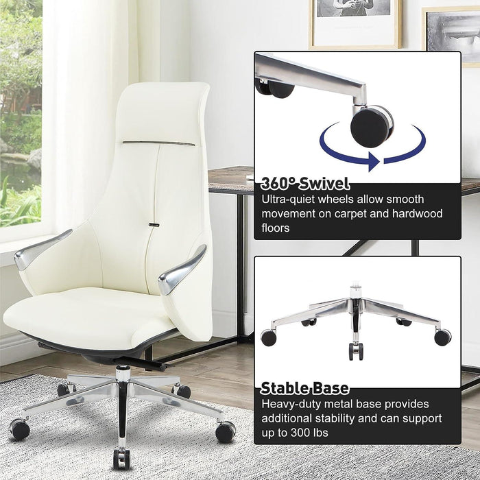 Executive Ergonomic Leather Office Chairs with Tilt and Height Adjustable, White With Headrest