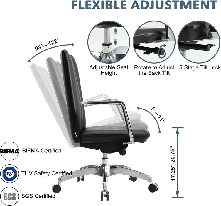 Ergonomic Leather Office Chairs with Tilt and Height Adjustable, 360° Swivel for Home Office, Black