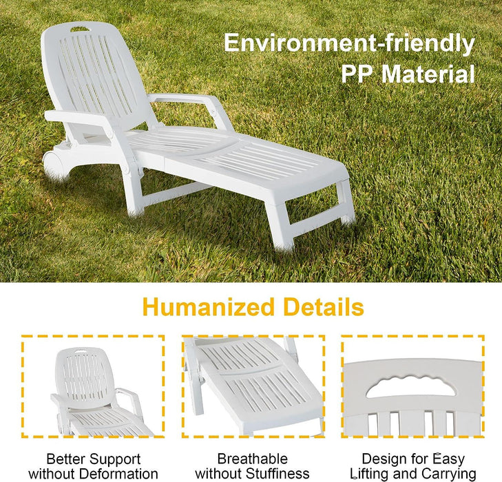 74.8" Outdoor Chaise Lounge Patio Pool Lounge Chairs with 4 Level Adjustable and Wheels, White