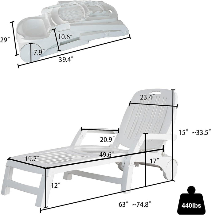 74.8" Outdoor Chaise Lounge Patio Pool Lounge Chairs with 4 Level Adjustable and Wheels, White