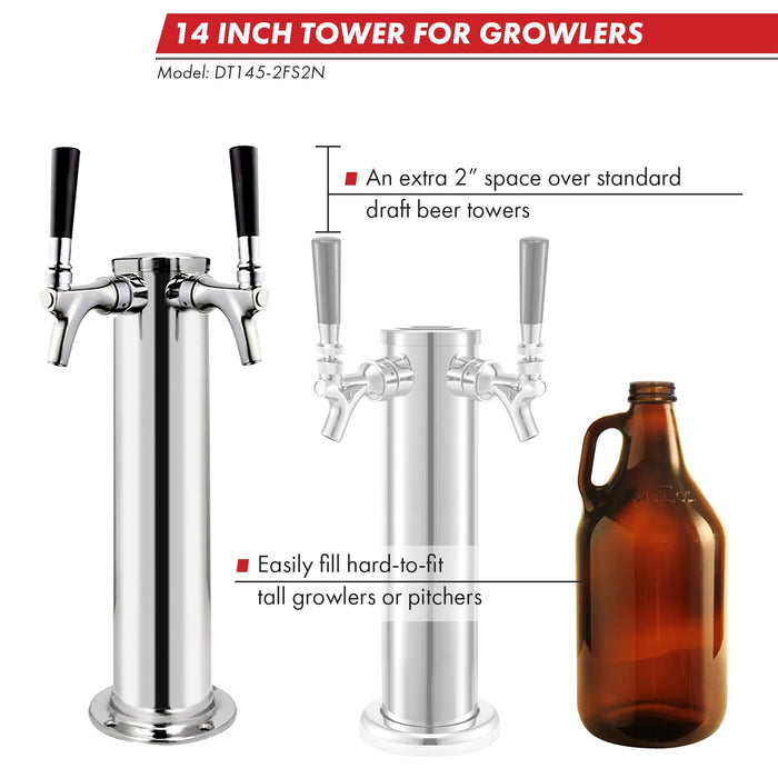 14" Tall Polished Stainless Steel 2-Faucet Infinity Draft Beer Tower - 100% Stainless Steel Contact