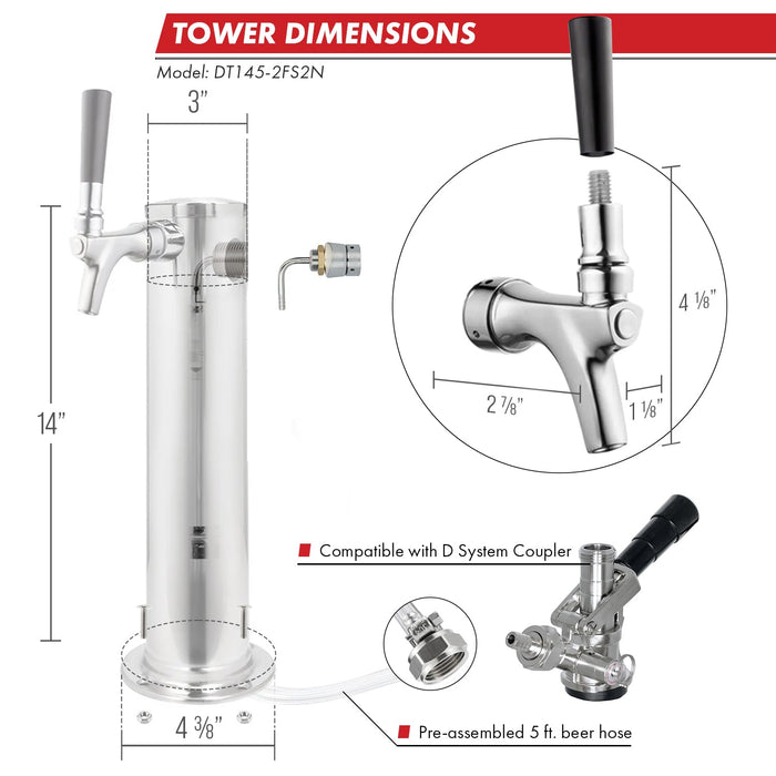 14" Tall Polished Stainless Steel 2-Faucet Infinity Draft Beer Tower - 100% Stainless Steel Contact