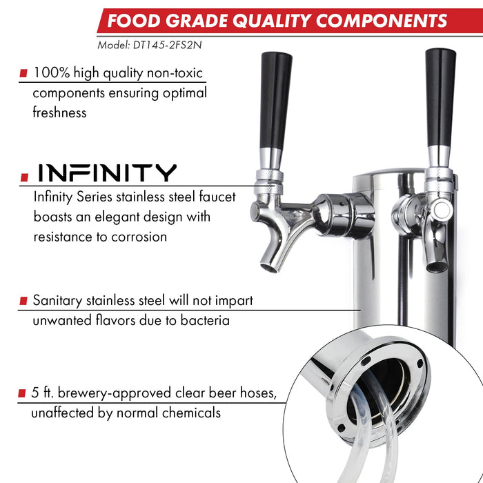 14" Tall Polished Stainless Steel 2-Faucet Infinity Draft Beer Tower - 100% Stainless Steel Contact