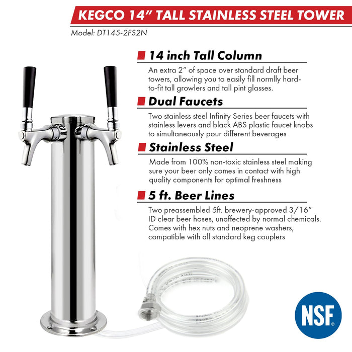 14" Tall Polished Stainless Steel 2-Faucet Infinity Draft Beer Tower - 100% Stainless Steel Contact