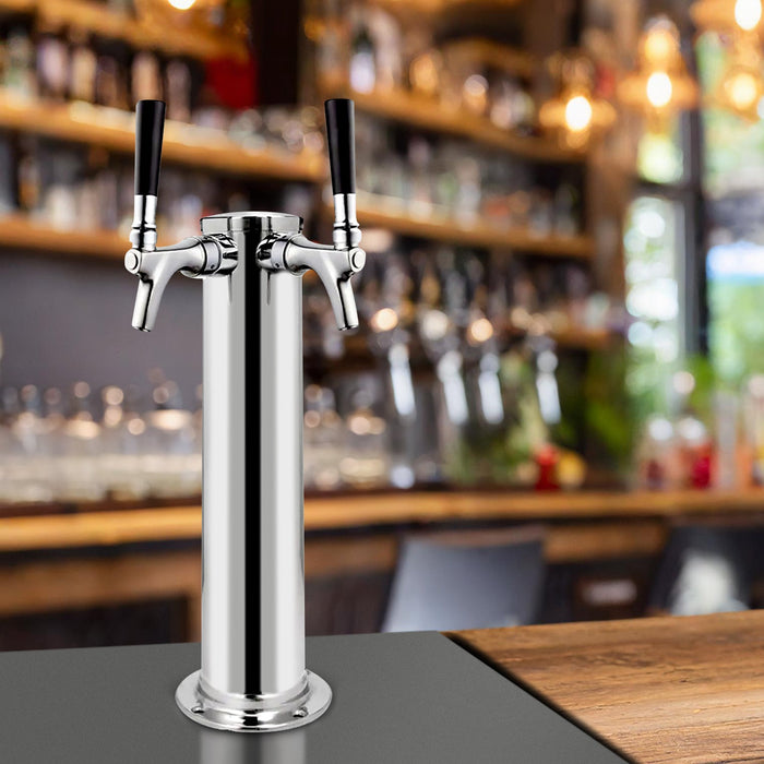 14" Tall Polished Stainless Steel 2-Faucet Infinity Draft Beer Tower - 100% Stainless Steel Contact