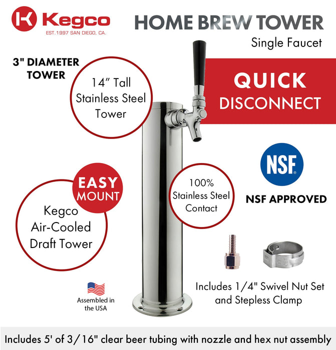 14" Tall Polished Stainless Steel 1-Tap All Stainless Contact Quick Disconnect Homebrew Tower