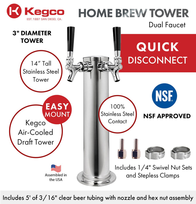 14" Tall Polished Stainless Steel 2-Tap All Stainless Contact Quick Disconnect Homebrew Tower