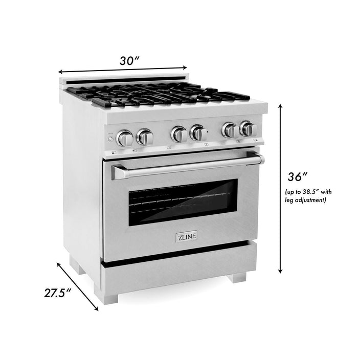 ZLINE 30 in. Kitchen Appliance Package with DuraSnow® Stainless Dual Fuel Range, Ducted Vent Range Hood and Dishwasher, 3KP-RASRH30-DW