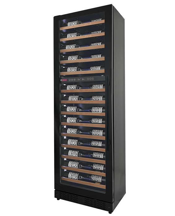 Reserva Series 67 Bottle 71" Tall Dual Zone Left Hinge Black Shallow Wine Refrigerator with Wood Front Shelves