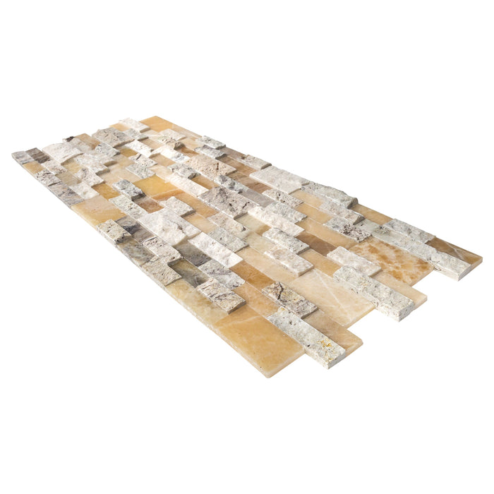 DaVinci 3D Onyx Travertine Ledger 3D Panel 6"x24" Honed and Split-face mixed Natural Wall Tile - Belair Collection