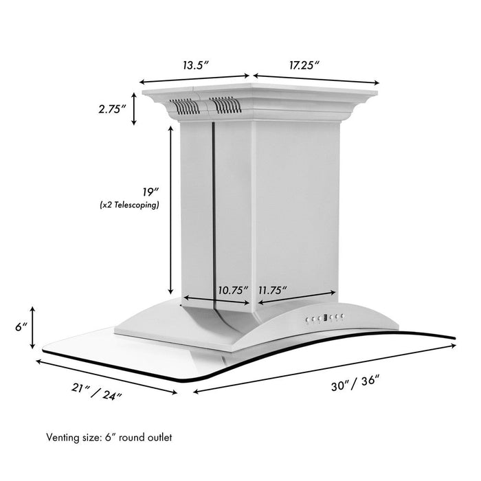 ZLINE Island Mount Range Hood in Stainless Steel and Glass with Built-in CrownSound Bluetooth Speakers (GL9iCRN-BT)