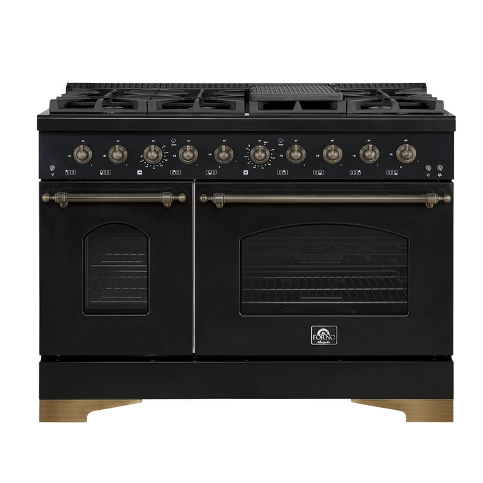 Forno Antico 48-Inch Dual Fuel Range, Black with Antique Brass Finish, 8 Burners, 94,000 BTU, 5.5 cu.ft. Double Ovens & Griddle