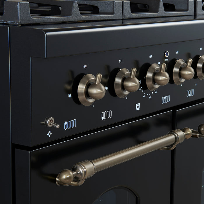 Forno Antico 48-Inch Dual Fuel Range, Black with Antique Brass Finish, 8 Burners, 94,000 BTU, 5.5 cu.ft. Double Ovens & Griddle