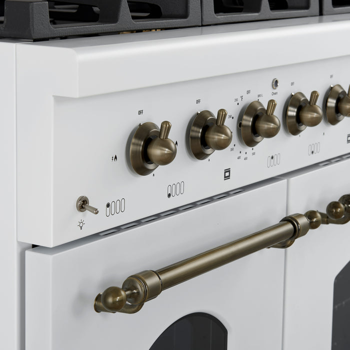 Forno Antico 48-Inch Dual Fuel Range, White with Antique Brass Finish, 8 Burners, 94,000 BTU, 5.5 cu.ft. Double Ovens & Griddle