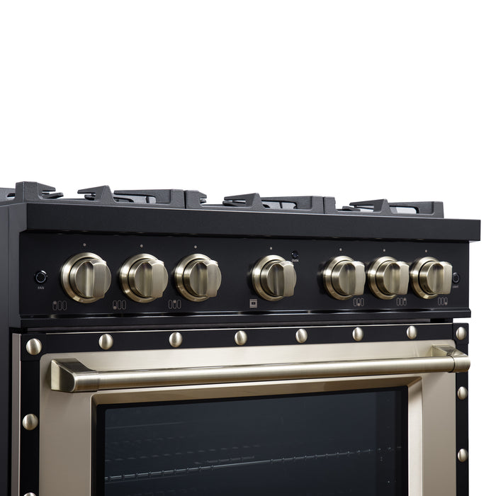Valente 36" Dual Fuel Range in Black, 6 Sealed Burners, 71 000 BTU Cooktop Output , 5.2 Cu.Ft. convection Oven, Telescopic Racks