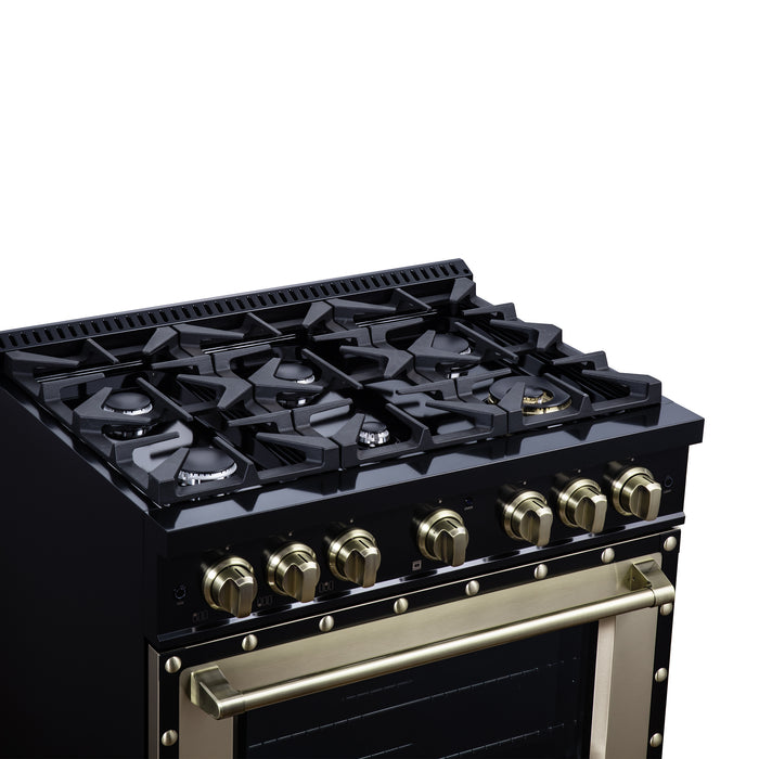 Valente 36" Dual Fuel Range in Black, 6 Sealed Burners, 71 000 BTU Cooktop Output , 5.2 Cu.Ft. convection Oven, Telescopic Racks