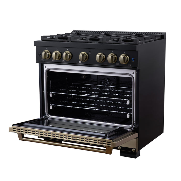 Valente 36" Dual Fuel Range in Black, 6 Sealed Burners, 71 000 BTU Cooktop Output , 5.2 Cu.Ft. convection Oven, Telescopic Racks